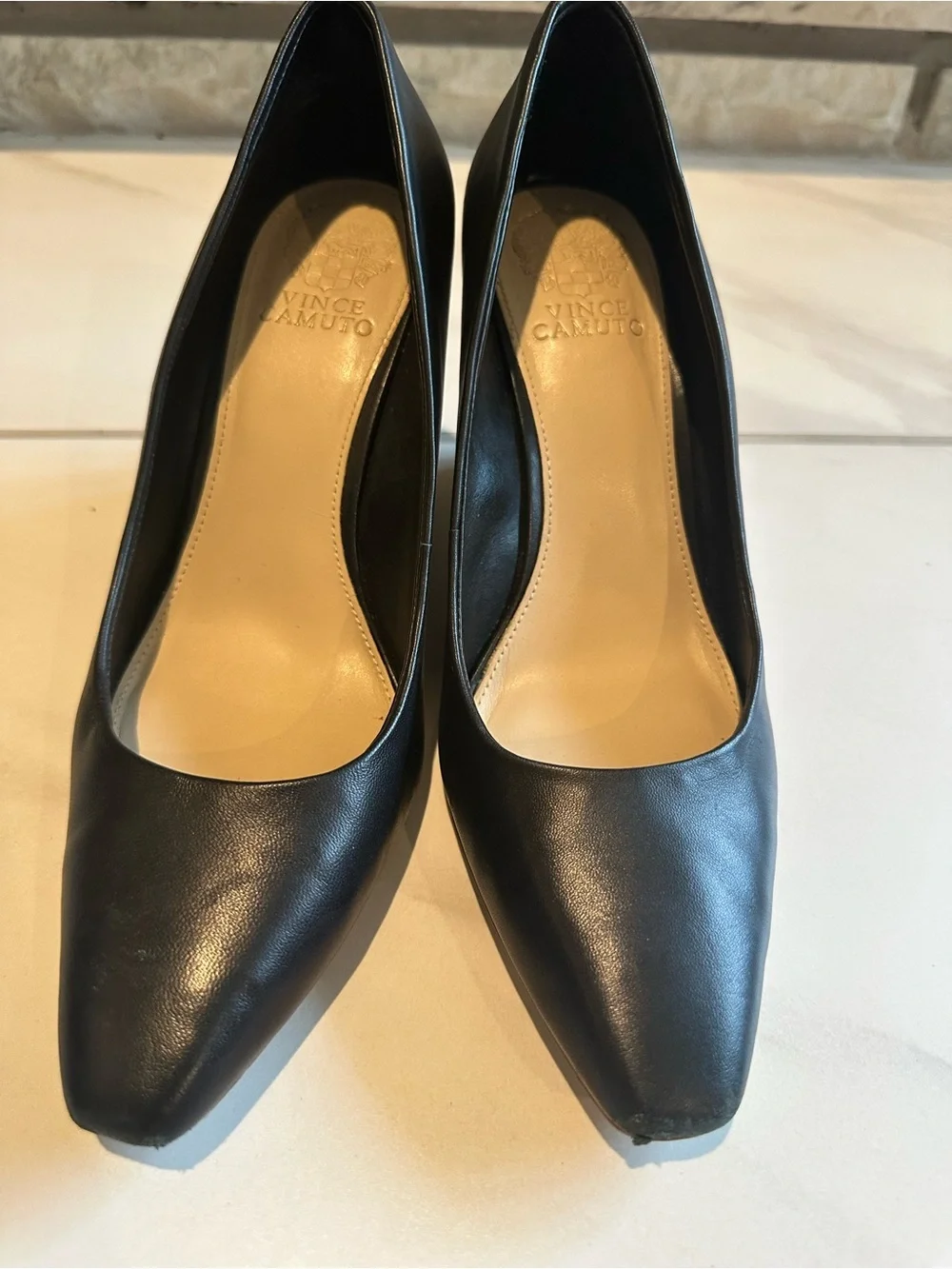 Vince Camuto Black Leather Pointed-Toe Wedge Pumps